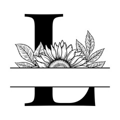 Sunflower split monogram design, alphabet letter L decorated with floral illustration. Perfect for personalized gifts, farmhouse decor, wedding initials, laser cut file, family sign, and DIY crafts.