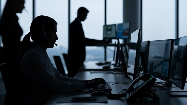 silhouettes of focused call center agents working in modern office with multiple screens