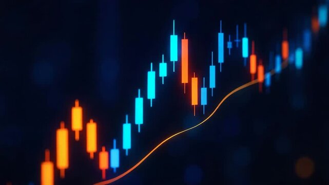 Abstract financial market analysis with colorful candlestick chart showcasing rising trends and market fluctuations. Ideal for finance presentations and economic reports.