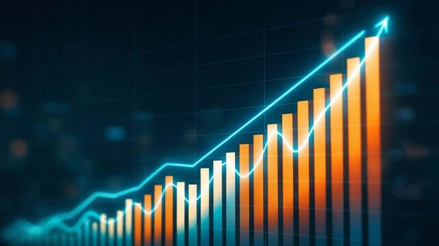 A vibrant financial graph showcasing an upward trend with orange and blue bars against a dark background, symbolizing growth, success, and the dynamic nature of the market. - Powered by Adobe