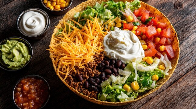 Taco salad bowl featuring crispy tortilla shell filled with lettuce, tomatoes, corn, black beans and melted cheese with guacamole and salsa