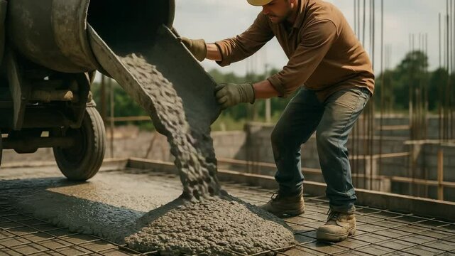 A construction worker pours concrete from a mixer onto a building site, showcasing the hard work and effort involved in the construction industry.