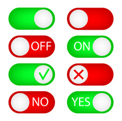 Set of green and red toggle switch buttons with on, off, yes, no meanings. Vector icon set. EPS10