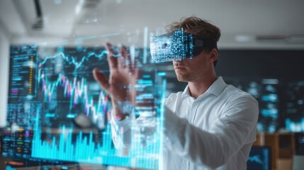 In a contemporary office space a businessman uses virtual reality gloves to interact with holographic representations of currency and assets. The background features a large scree