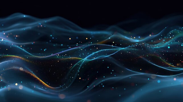 A layered composition features luminous waves of color that undulate against a dark blue backdrop interspersed with ethereal light bursts. This interplay of light and shadow evoke