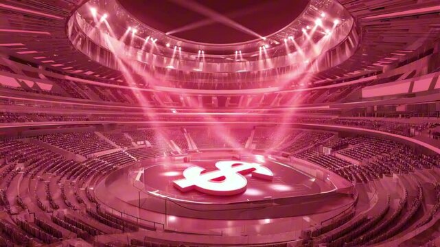A futuristic sports coliseum viewed from above with thousands of seats and a $ sign shaped stage, lights flash, dramatic loop