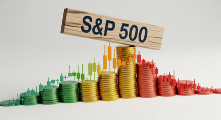 Stacks of coins in green, gold, and red form a candlestick chart, topped by a wooden sign reading "S&P 500," showcasing stock market growth and decline