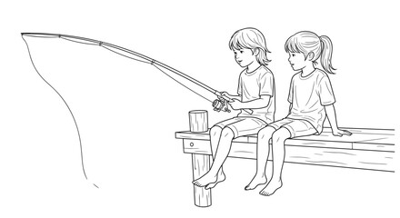 Fototapeta premium Two children fishing happily on a dock in a line drawing style with a serene background