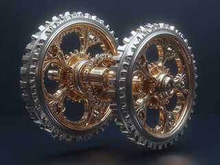 Abstract Mechanical Sculpture: Interconnected Gears and Rings in 3D Art
