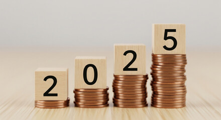 Wooden blocks forming 2025 on stacks of coins, illustrating growth or financial progress over time
