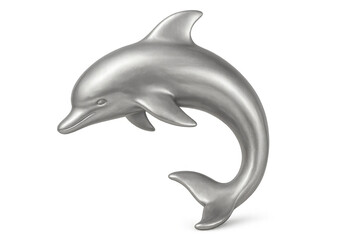 Obraz premium Metallic dolphin sculpture displaying smooth curves, gleaming surface capturing graceful marine form against clean white backdrop