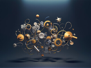 Abstract Mechanical Sculpture: Interconnected Gears and Rings in 3D Art