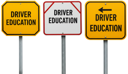 Driver education signs with yellow and white backgrounds on poles  