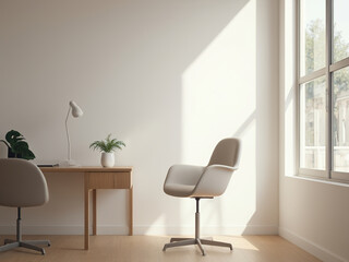 Minimalist Home Office Nook with White Desk, Chair, and Plant