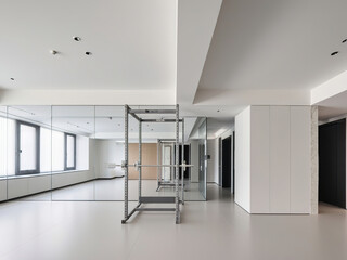 Minimalist Home Gym Studio with Fitness Equipment and Mirrors