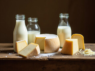 Assorted Dairy Products on Wooden Surface