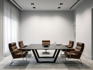 Modern Minimalist Office Conference Room with Leather Chairs