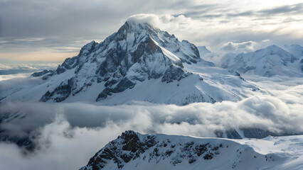 Snowy mountain peak piercing through a sea of clouds on a bright winter day landscape view scene - ai generated