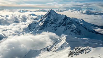 Snow covered mountain peak rising above a sea of clouds on a bright sunny day landscape view - ai generated