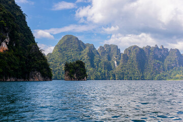 Scenic view of limestone cliffs and lake in khao sok national park, thailand