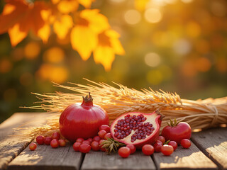 Autumn Harvest: Pomegranate, Wheat, and Berries on Wooden Table