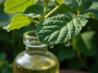 Green Leaf with Water Droplets Over Bottle