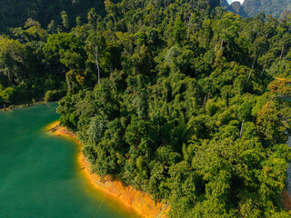 Aerial view of khao sok national park's lush jungle and pristine lake in thailand
