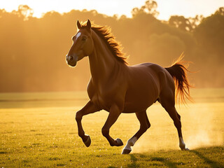 Chestnut Horse Galloping in Sunlit Field
