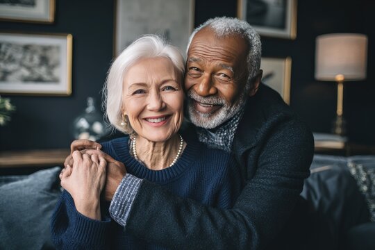 A happy senior interracial couple embraces affectionately on a sofa in their home, smiling warmly at the camera