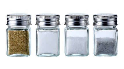 Four Square Glass Spice Jars with Metal Lids: Pepper, Salt, Sugar and Coffee
