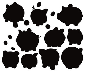 Fototapeta premium Piggy bank silhouette. Money savings. Investment and business. Finance. Piggy bank black glyph UI icon. Money box symbol flat style stock vector. Financial independence. Save money. Falling coins.