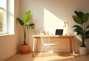 Fototapeta premium Clean Modern Study Area with Light Wood Furniture and Painted Ambience