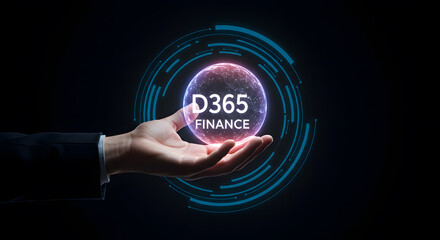 D365 finance technology platform concept. Hand holding financial management software solution hologram. Business accounting and enterprise resource planning system for company