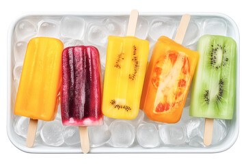 Colorful frozen fruit popsicles on tray,isolated on white background