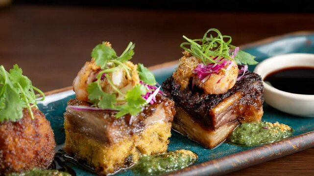Close up of three gourmet appetizers arranged on a teal rectangular plate. Each features different meat and seafood components, garnished with herbs and a dark sauce on the side.
