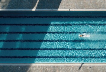 High-angle view of a swimmer gliding through a rectangular lap pool, sunlight casting shadows across the water's surface