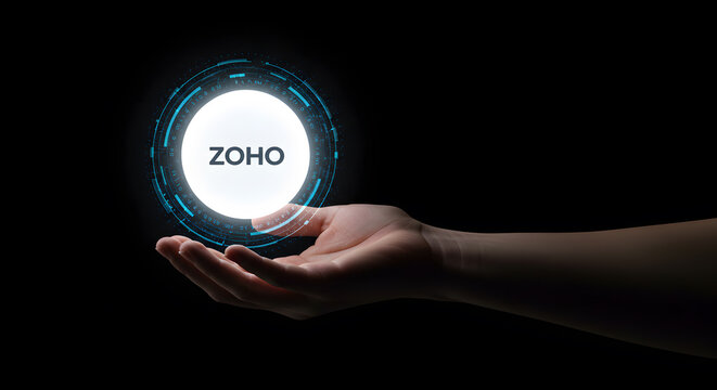 Zoho business software suite platform. Hand holding crm and cloud application solution. Enterprise management system for sales marketing and finance