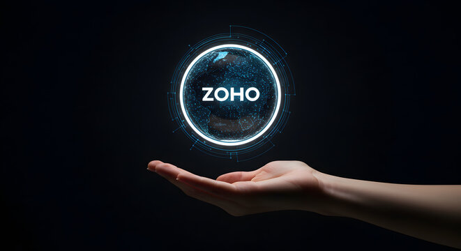 Zoho business software suite platform. Hand holding crm and cloud application solution. Enterprise management system for sales marketing and finance