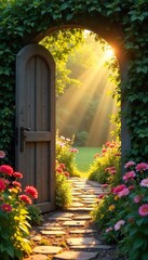 Golden Hour Sunlight Streams Through Garden Gate, Illuminating Lush Greenery and Vibrant Flowers; Peaceful Summer Scene Perfect for Relaxation and Contemplation