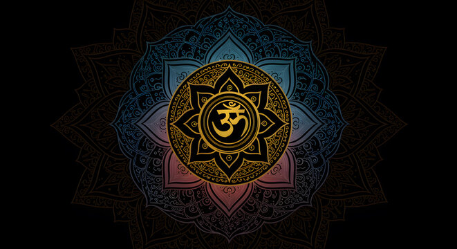 Sacred om symbol in gold on a colorful mandala background for meditation yoga spirituality and hindu festival celebration design
