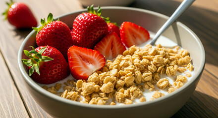 Bowl of cereal with strawberries. Created using generative AI tools