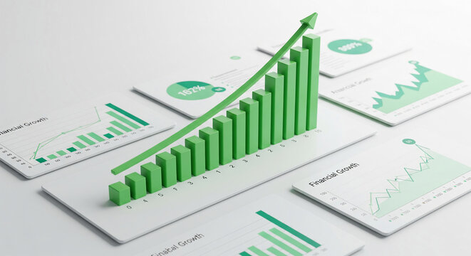 3D green bar graph rising sharply, showcasing financial growth and success, ideal for business or financial presentations