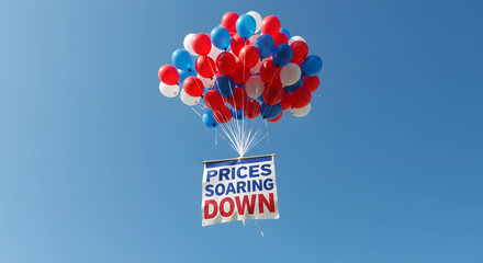 Sale promotion marketing concept background. Colorful balloon flying in blue sky. Price soaring down message for business. Discount advertising graphic design wallpaper