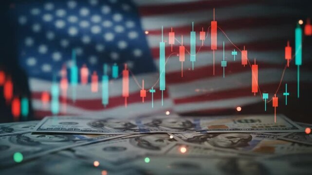 Dynamic visualization of financial market trends over united states currency and flag background