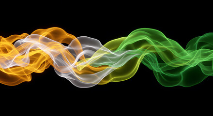 Abstract India flag color wave motion. Saffron white green smoke pattern on black background. National celebration design element. Tricolor light streak wallpaper