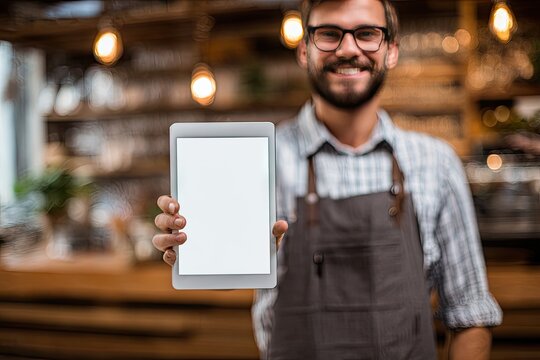 Smiling barista in cafe apron holds out a blank tablet screen