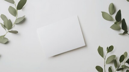 Blank paper mockup with eucalyptus leaves