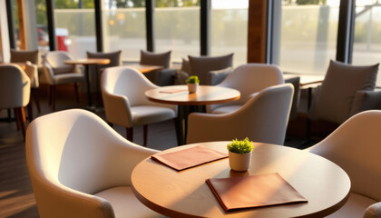 cafe interior with round wooden tables and chairs, shallow depth of field