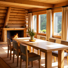 log cabin or restaurant with a long dining table and fireplace