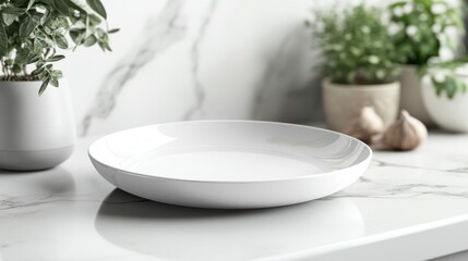 Empty white plate on marble counter